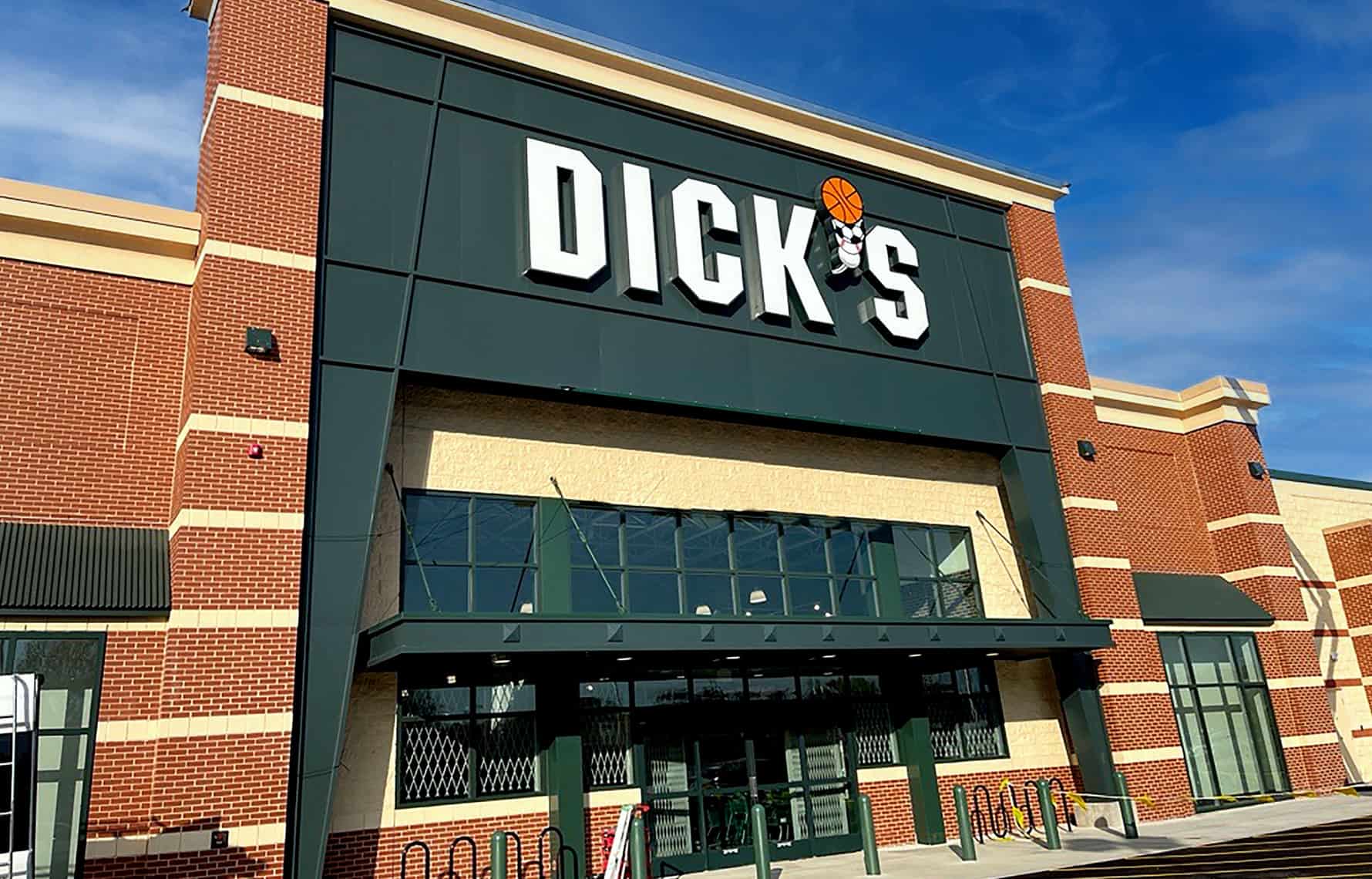 Dick's sporting goods fascia in an open air mall showing awnings, signage and doors and windows